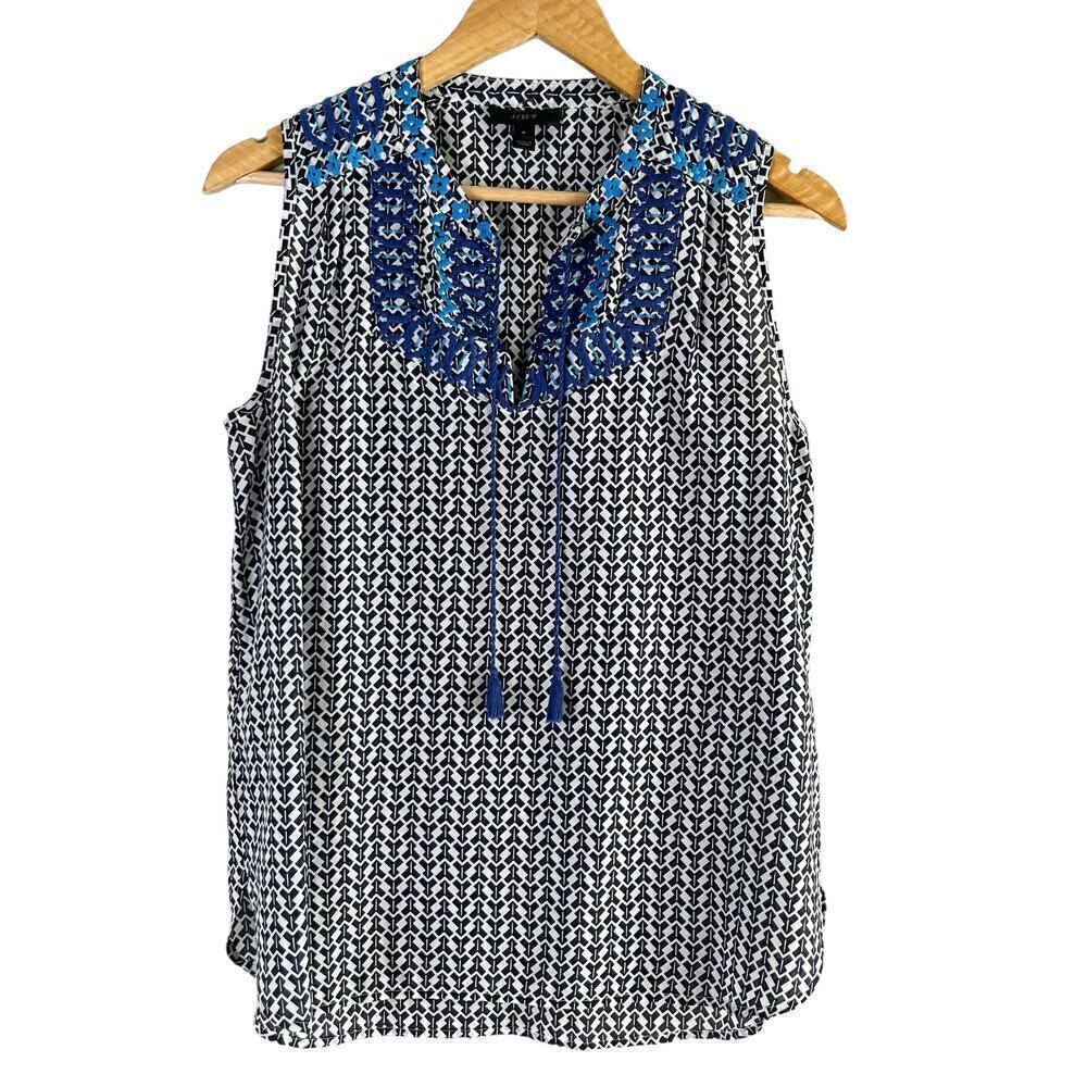 J.Crew Silk Cotton Embroidered Tassel Sleeveless Blouse Arrow Print Blue White 4